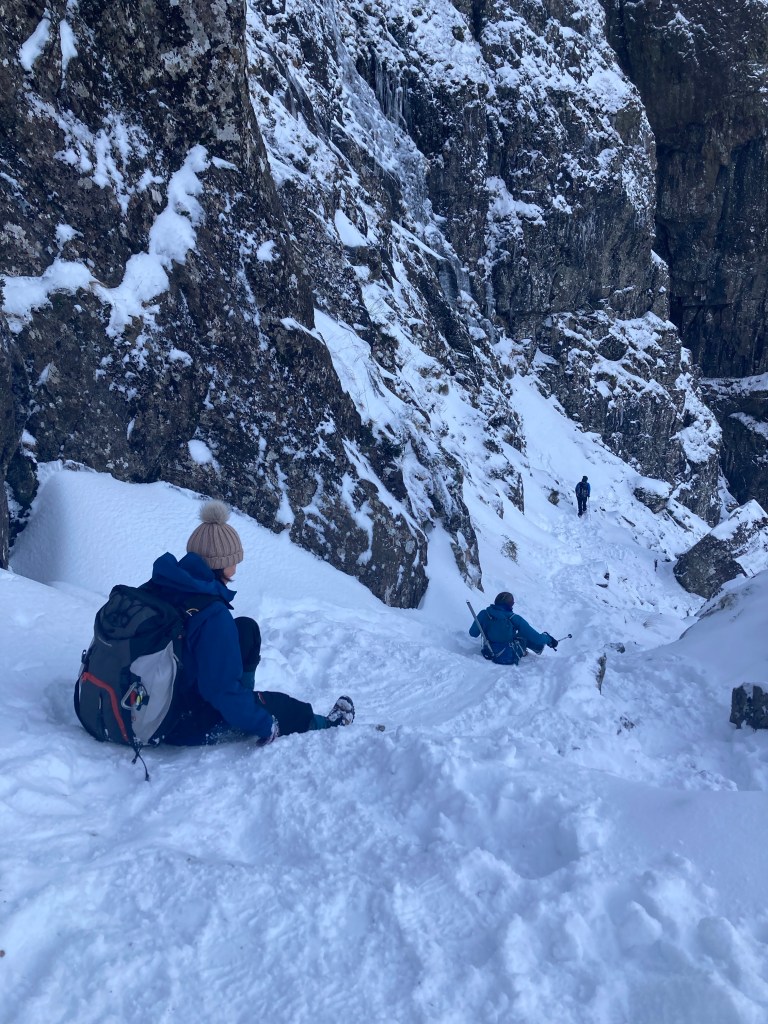 sliding down devils kitchen in the snow