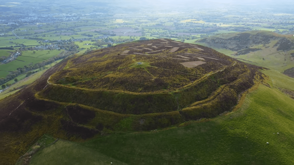 Foel Fenlli Hill Fort from above showing the fort