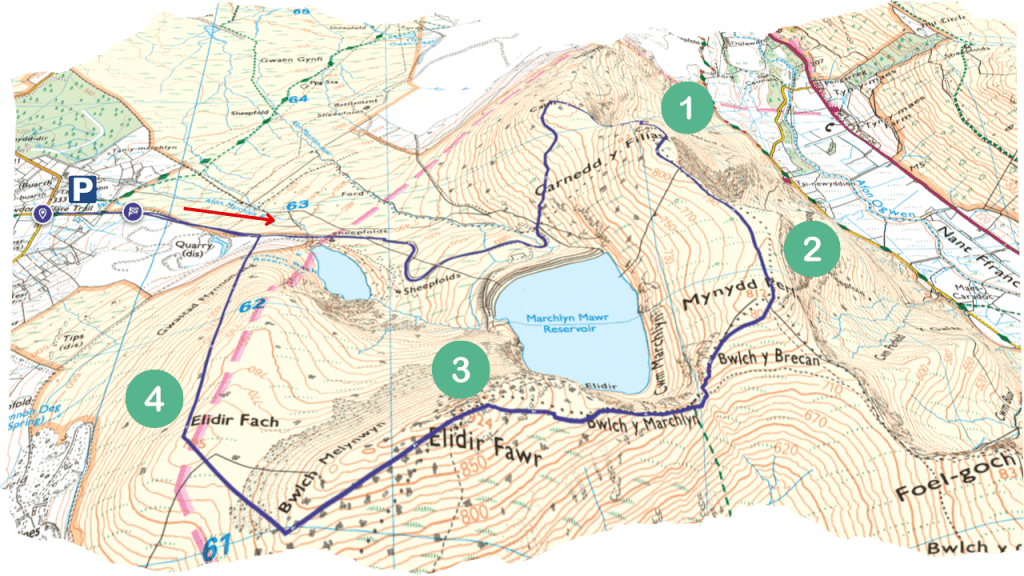 3d map of the Marchlyn Mawr Loop Horseshoe with summits Carnedd y Filiast, Mynydd Perfedd, Elidir Fawr and Elidir Fach numbered