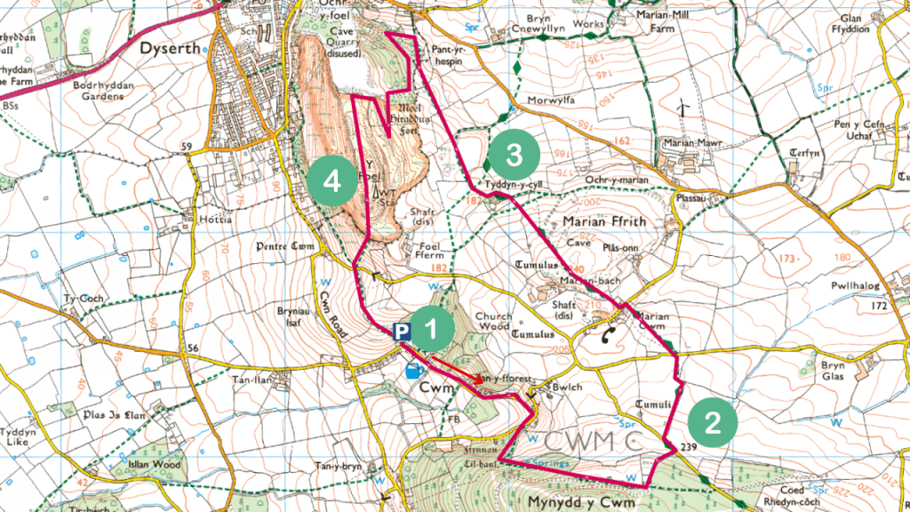 map of the footpath circular walk Moel Hiraddug from Blue Lion via Marian ffrith 1