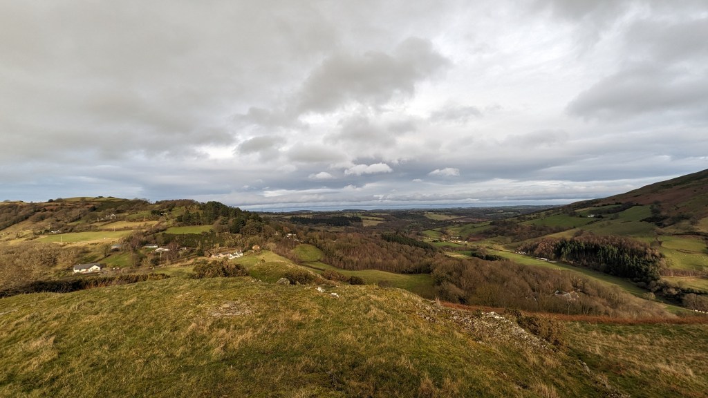 The view from Moel y Gaer Bodfari in the Clwydian Range - looking at the coast and towards Liverpool