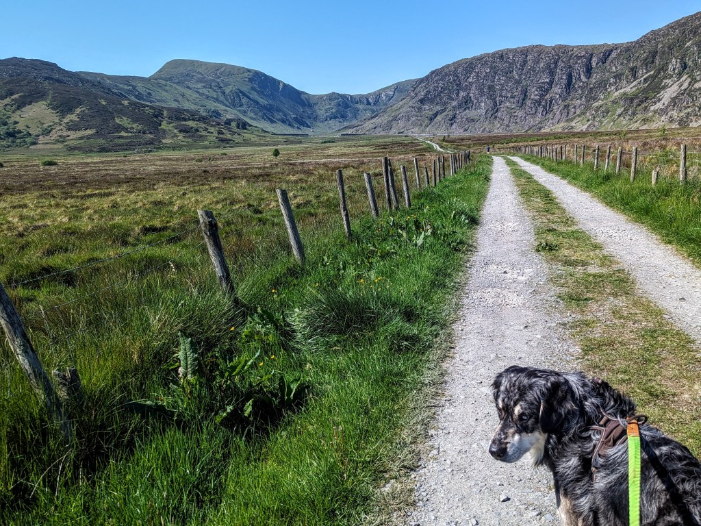 Walking down the track at the start of the Llyn Eigiau Horseshoe