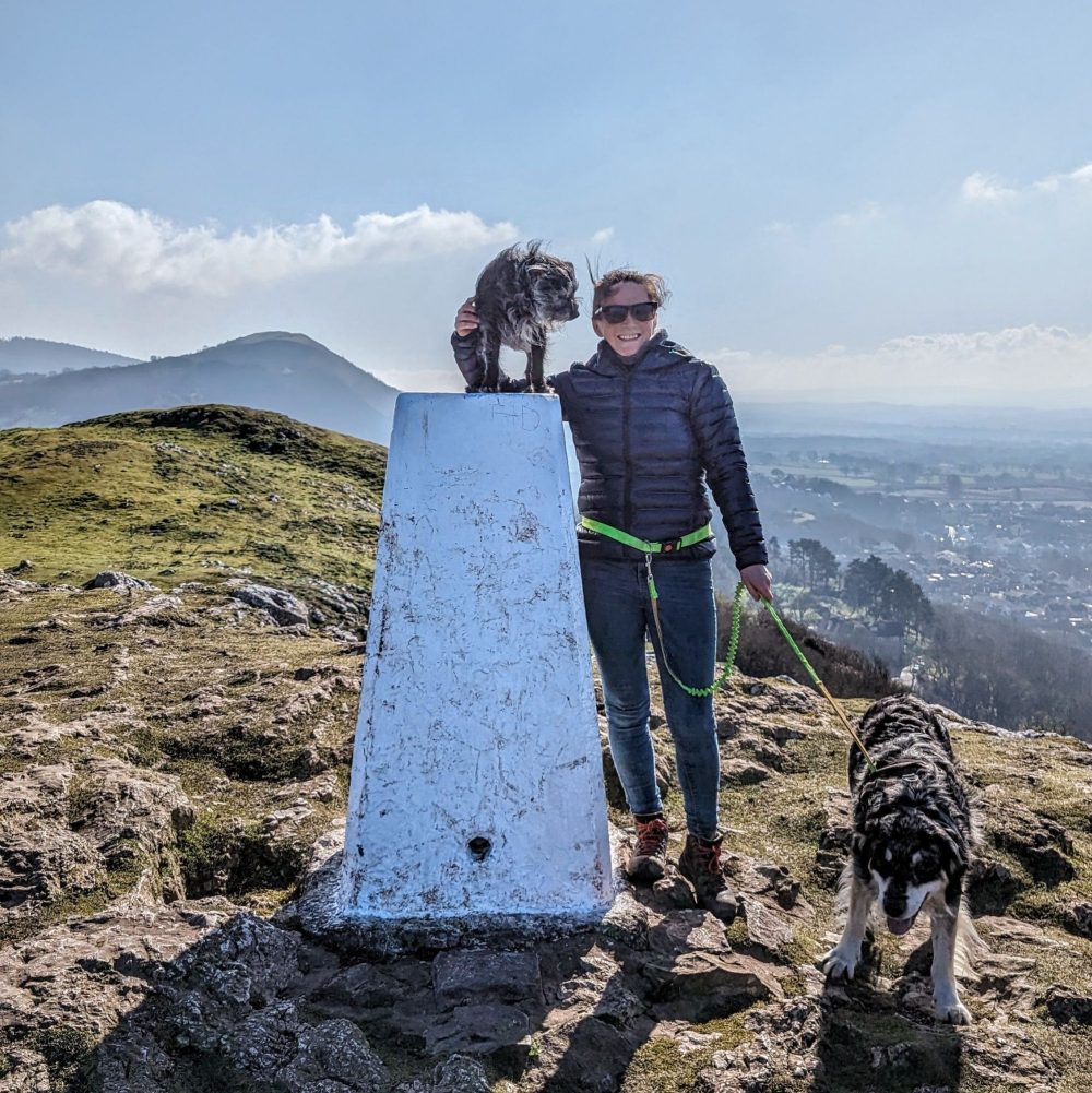 Hilary and dogs on top of Craig Fawr