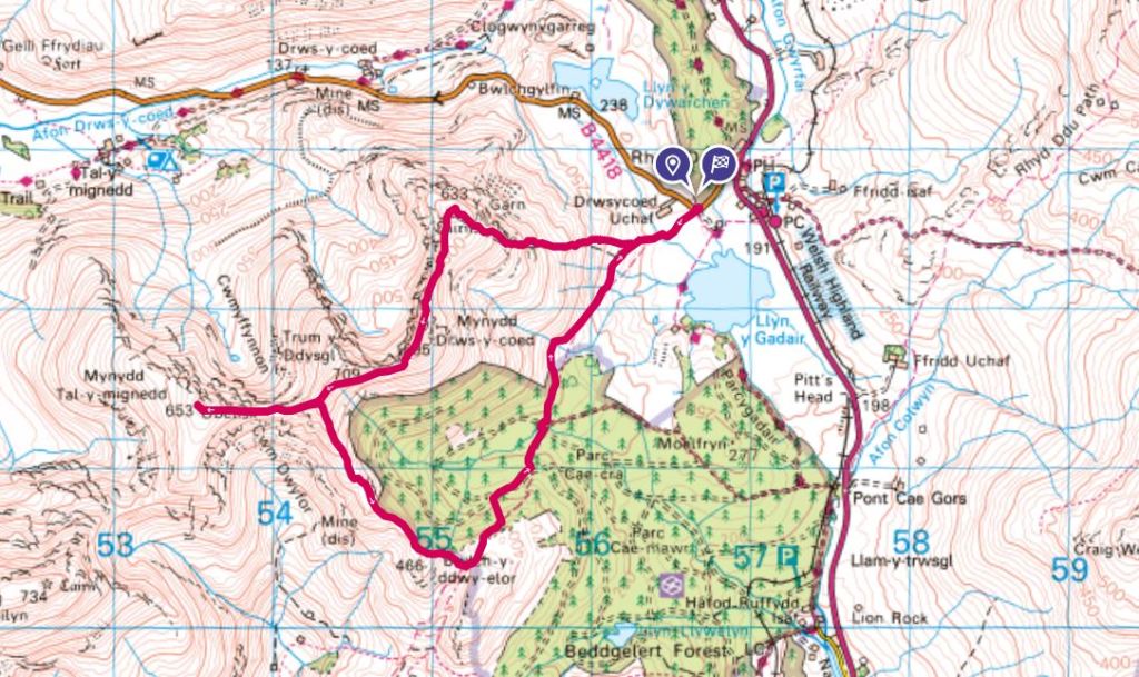 Nantlle Ridge Circular Walk Including The Giant Obelisk - Route Map