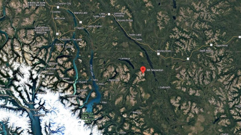 Map showing the location of Mount Snowdon in British Columbia, Canada, marked with a red pin.