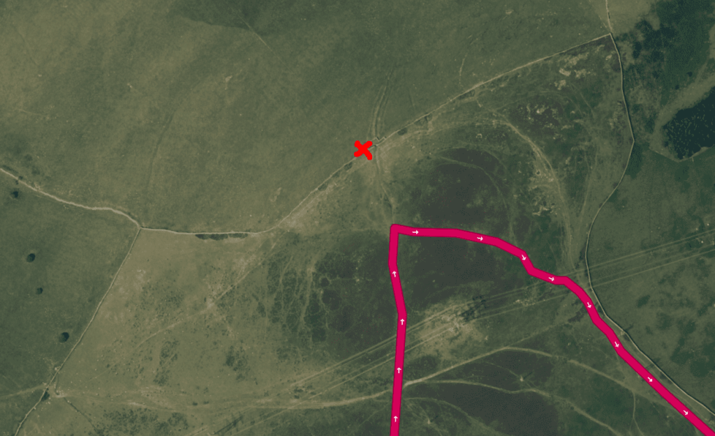 Aerial view of the Gyrn & Moel Wnion route in the Carneddau, showing a marked path with a red X indicating a specific location.