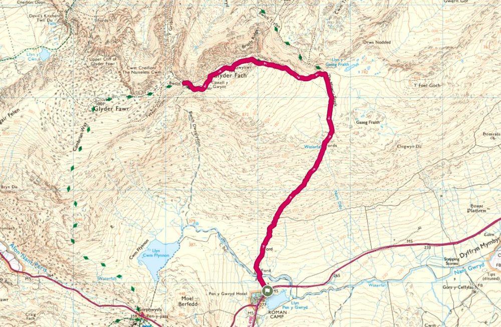 Glyderau from Pen y Gwyrd Map with route guide