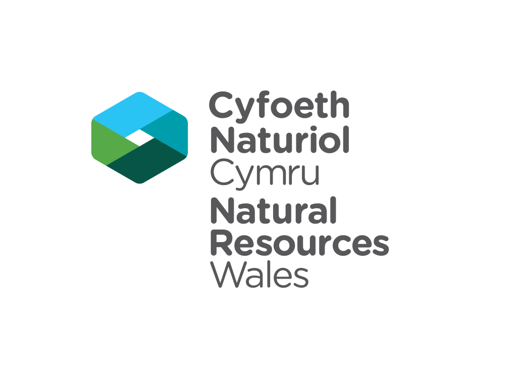 Logo of Natural Resources Wales, featuring a stylized geometric design in green and blue with the text 'Cyfoeth Naturiol Cymru Natural Resources Wales'.