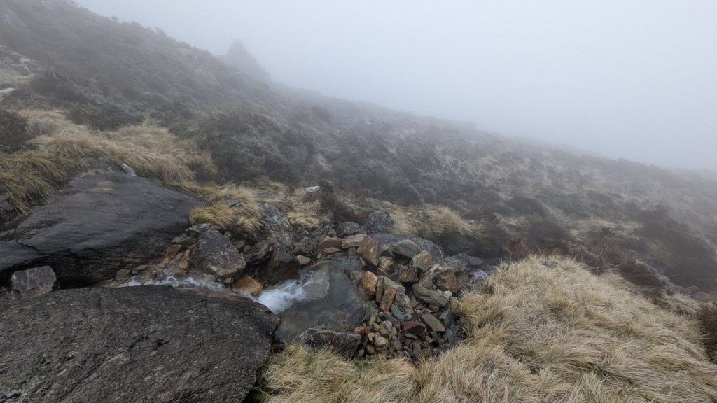 A foggy landscape featuring rocky terrain and patches of grass, with a stream of water flowing through the foreground.