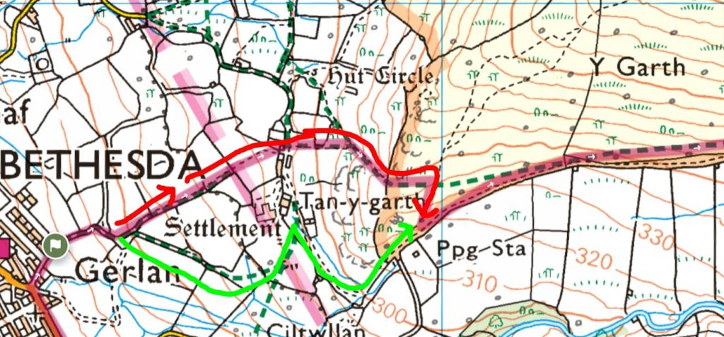 Map of the Cwm Caseg route in Bethesda, indicating paths and landmarks related to Yr Elen.