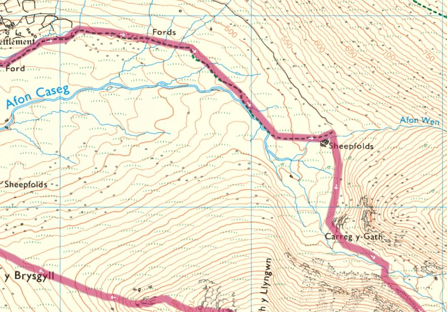 Map showing the route to Afon Caseg, highlighting fords and sheepfolds in the surrounding terrain.