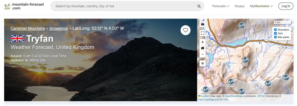 Weather forecast for Tryfan in Snowdonia, displayed on a mountain forecast website, featuring location details and a map.