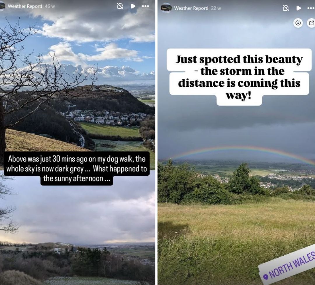 image of two inst stories about the weather from @nearlyuphill