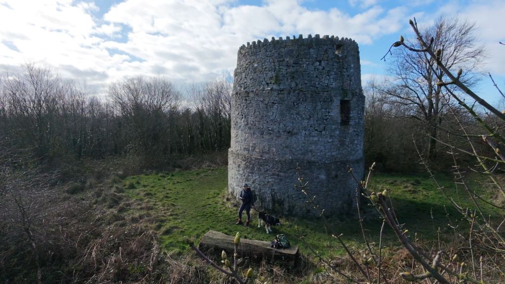 A stone tower surrounded by trees and grass, with a person and a dog standing near it. The sky is partly cloudy.