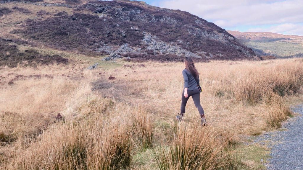 A person walking through a grassy landscape with hills in the background.