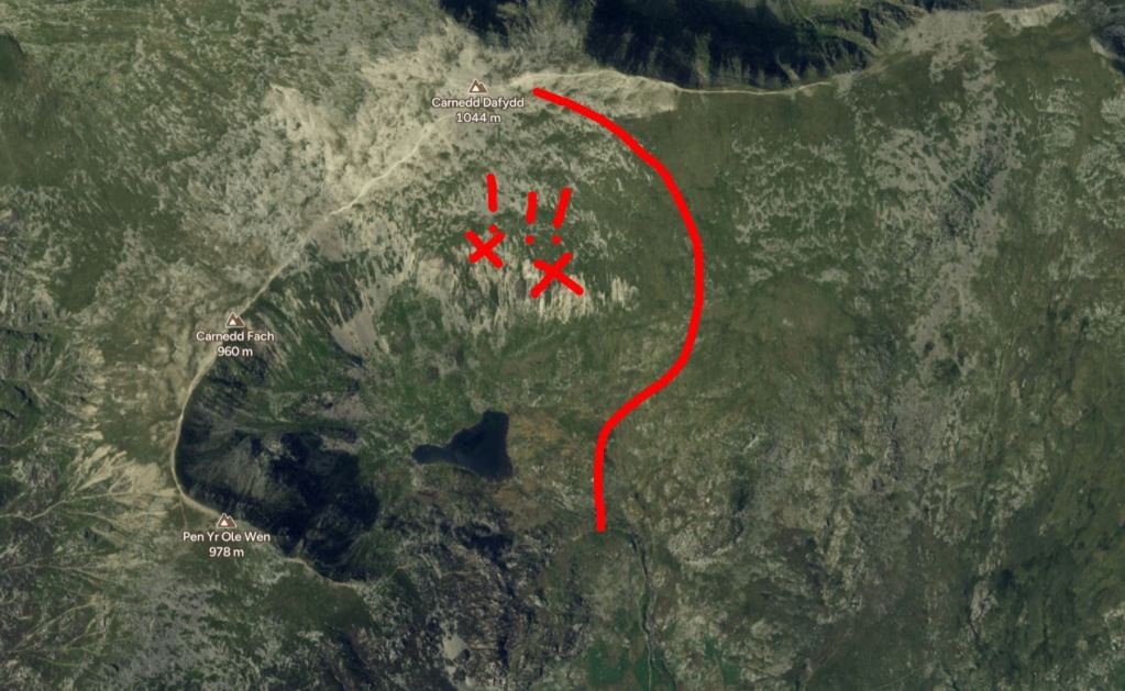 Satellite map showing the Carneddau mountain range with marked points of interest and annotations in red.